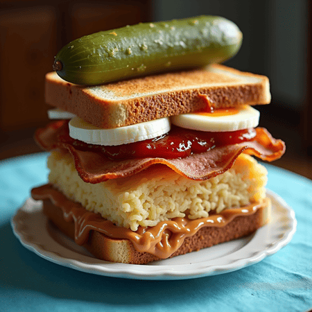 A peanut butter and jelly sandwich stacked high with a uncooked square of Top Raman noodles, banana, bacon included in the sandwich making a very funny looking meal