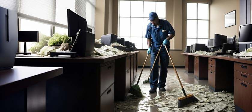 Janitor sweeping up money scattered all over an office floor, desk, and workspace.